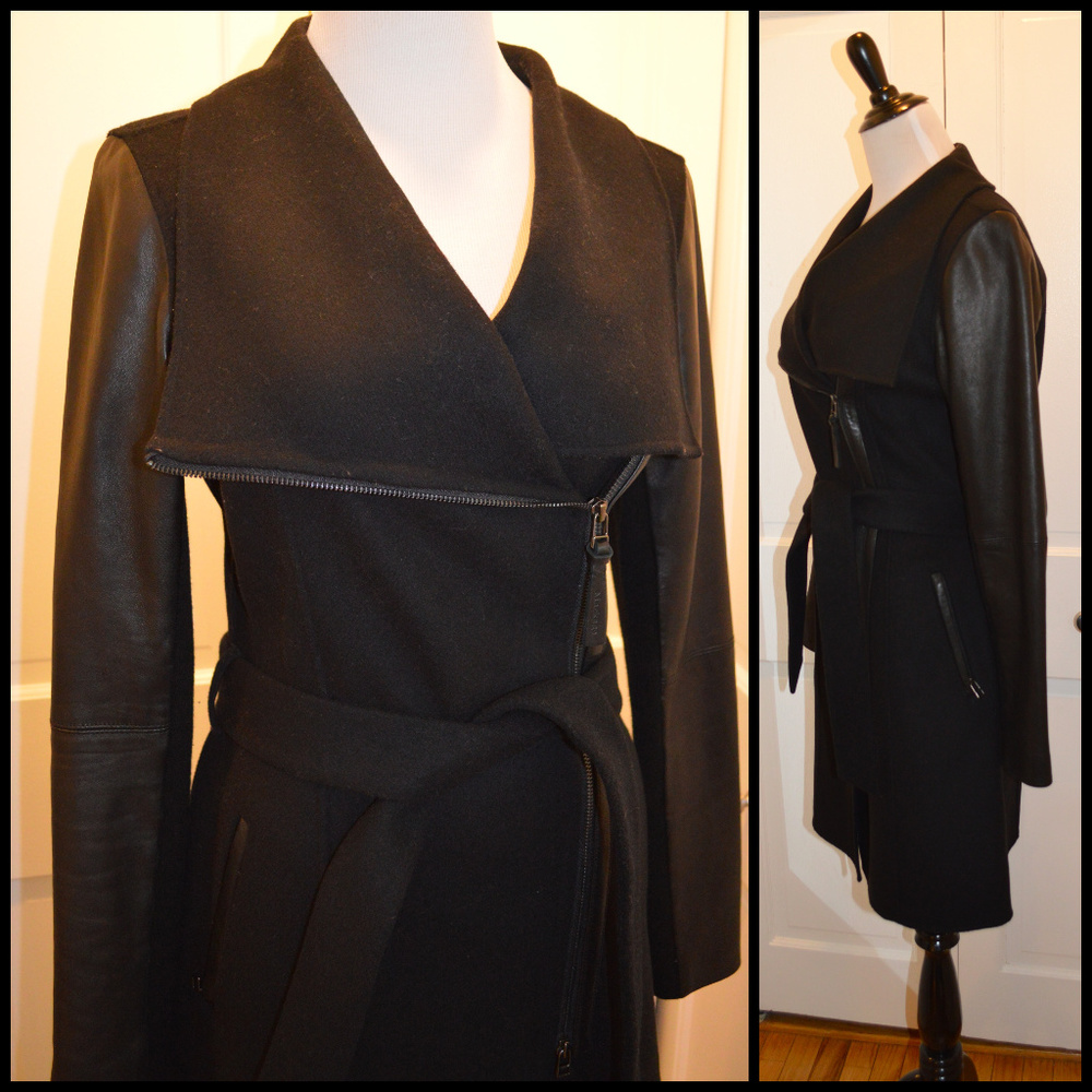 MACKAGE Leather and Wool Asymmetrical Long Coat M